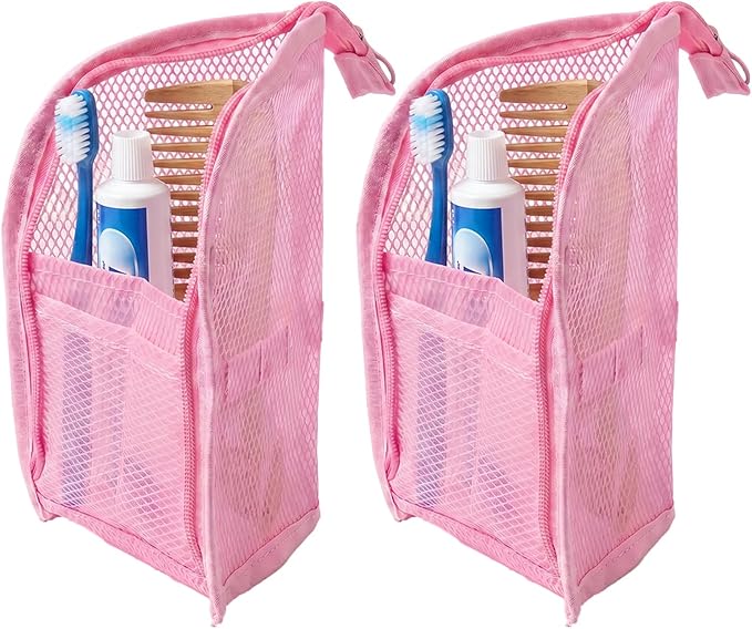 Standing Toiletry Bag, 2026 New Portable Lightweight Travel Toiletry Bag, Foldable EVA Mesh Large Capacity Toiletries Organizer, Hanging Clear Makeup Bag for Women (Pink 2pcs)