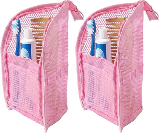 Standing Toiletry Bag, 2026 New Portable Lightweight Travel Toiletry Bag, Foldable EVA Mesh Large Capacity Toiletries Organizer, Hanging Clear Makeup Bag for Women (Pink 2pcs)