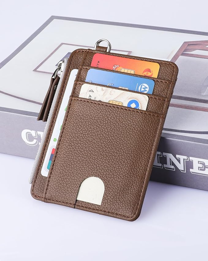 Teskyer Slim Card Holder Wallet with Zip Pocket, RFID Blocking, Total 9 Compartments Large Capacity, 3.5" x 4.7" (Slight Larger Than Usual), Faux Leather - Coffee