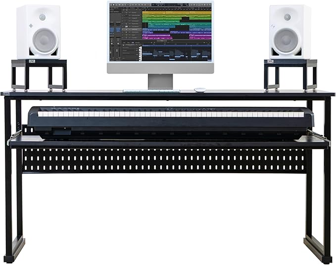 Music Studio Desk with Keyboard Tray and Height Adjustment Bracket, for Full 88 Keys (Music Producer Desk) (Black, 88 Keys)