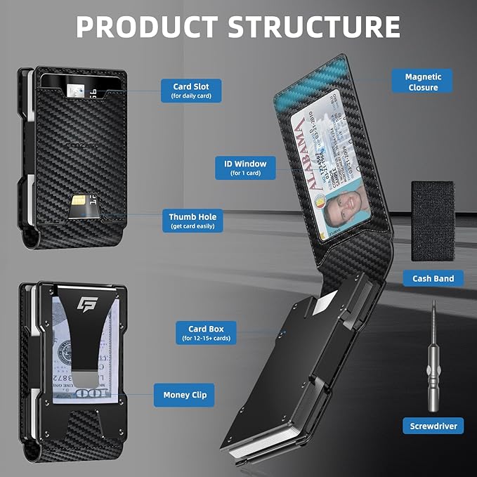 Men Wallet - Money Clip Wallet Slim For Gift Men in Front Pocket 15 Cards - Metal Credit Card Case in Magnetic Flip