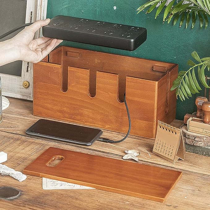 12 Inch Wood Cable Management Box Cord Organizer Box for Desk Cable Organizer Wooden for Power Strip Router USB Hub Cord Hider for Home Office