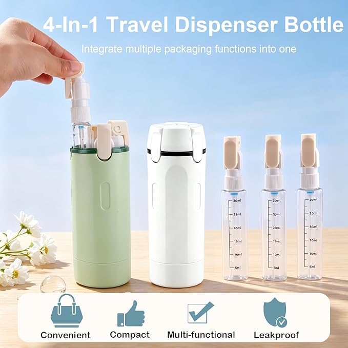 Winb 4 in 1 Travel Dispenser, 30ml Leak Proof Bottles for Toiletries, Portable Containers for Shampoo, Lotion, White (White+Green)