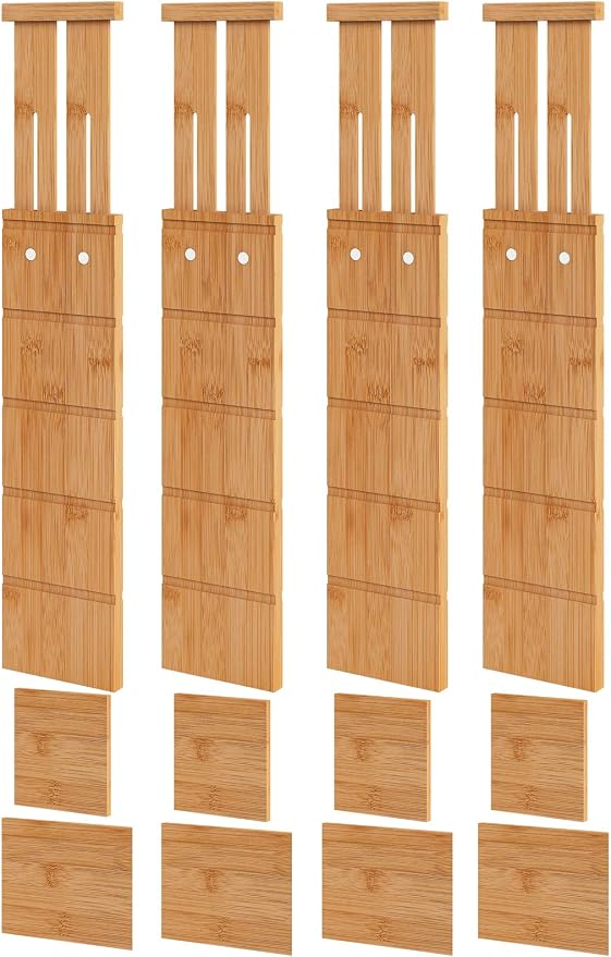 4.4" High Bamboo Drawer Dividers with Inserts, Kitchen Adjustable Drawer Organizers, Expandable Organization for Home, Office, Dressers, and Bathroom, 4 Divider with 8 Insert