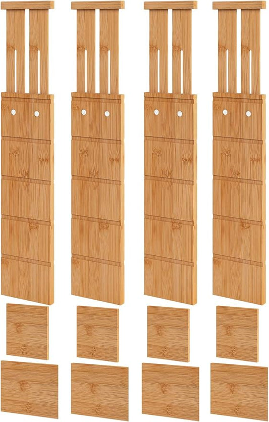 4.4" High Bamboo Drawer Dividers with Inserts, Kitchen Adjustable Drawer Organizers, Expandable Organization for Home, Office, Dressers, and Bathroom, 4 Divider with 8 Insert
