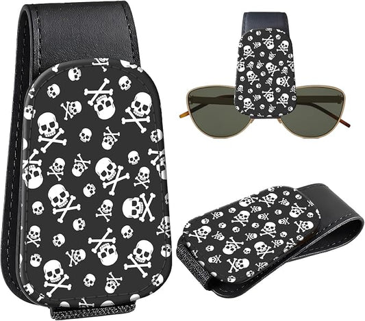 Leather Magnetic Sunglass Holder for Car Sun Visor, Cute Eyeglass Ticket Card Hanger Clip, Universal Auto Interior Accessories for SUV Pickup Truck, Skull Pattern