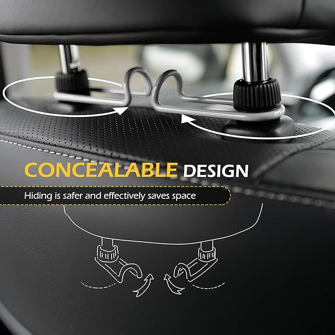Headrest Hooks for Car, 10KG Ultra High Load Bearing Alloy Concealable Swivel Buckle Design Headrest Pole Hook, Seat Headrest Storage Accessory, SayGoodbye to The Messy Space！ (Black)