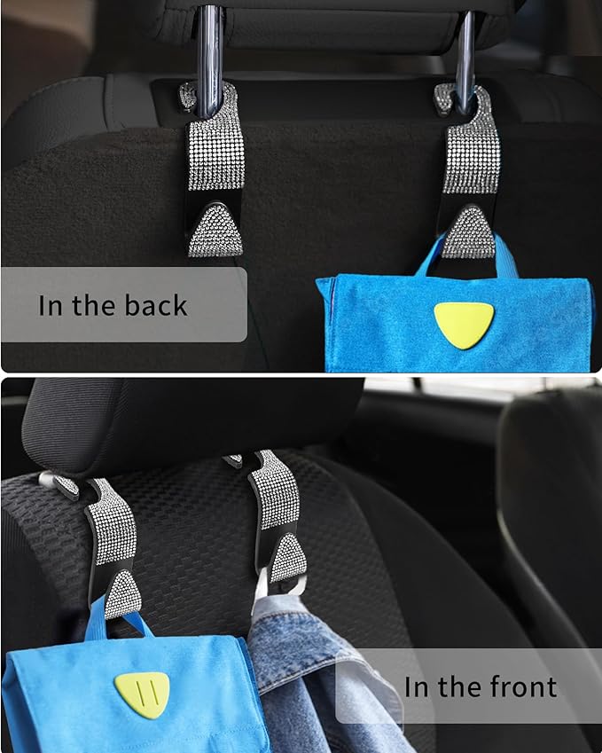 Sparkling Car Seat headrest Hooks, 4 Pack, White Purse Holder for Car Headrest, Chic Automotive Accessories for Women Essentials Handbag Clothes Coats Grocery Bags