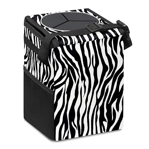 Car Trash Can Leopard Print Zebra Skin Wate-rproof Auto Garbage Bag Car Trash Can with Lid Leak-Proof Car Storage Bag Hanging for Headrest Collapsible and Portable with Storage Mesh Pocket