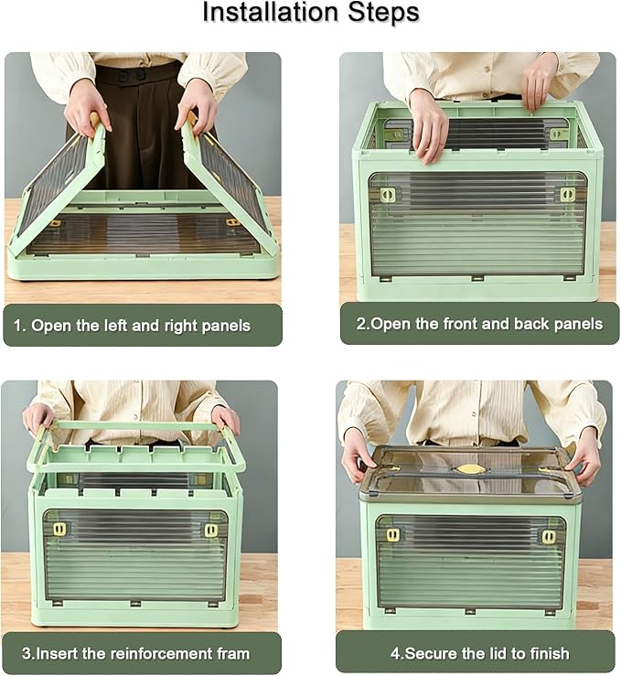 【5-Side Opening & 4 Rolling Casters】Storage Bins with Lids，Portable Foldable Storage Box ，Plastic Stackable Storage Bin for Snacks, Camping，Tools, Closet Organizer (Green)