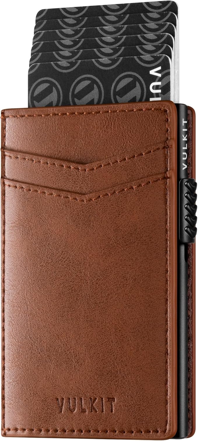 VULKIT Men's Slim Wallets Pop Up Card Holder RFID Blocking Metal Wallet Minimalist Design Holds Up to 11 Cards