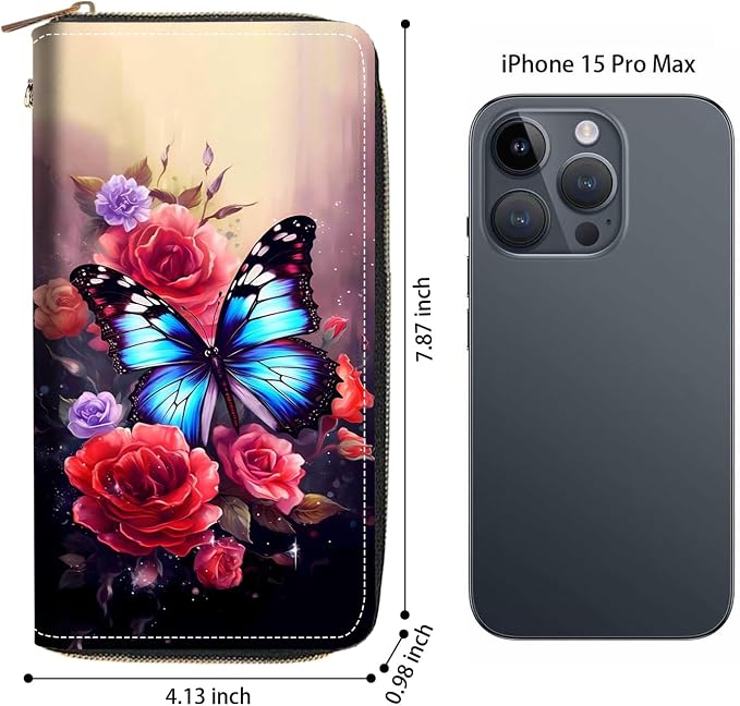 Women's Large Capacity Wallet PU Leather Zip Around Clutch Purse Multifunctional Wallet with Removable Wristlet Strap for Smart Phone/Coin/Card/Cash, Flower Butterfly