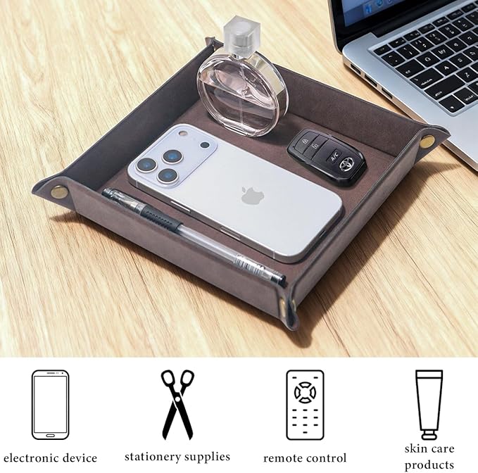 Valet Tray Desktop Storage Organizer – Premium PU Leather Catchall Bedside Vanity Tray Nightstand Caddy Holder for Remote Controller, Keys, Phone, Wallet, Coin, Jewelry,Brown