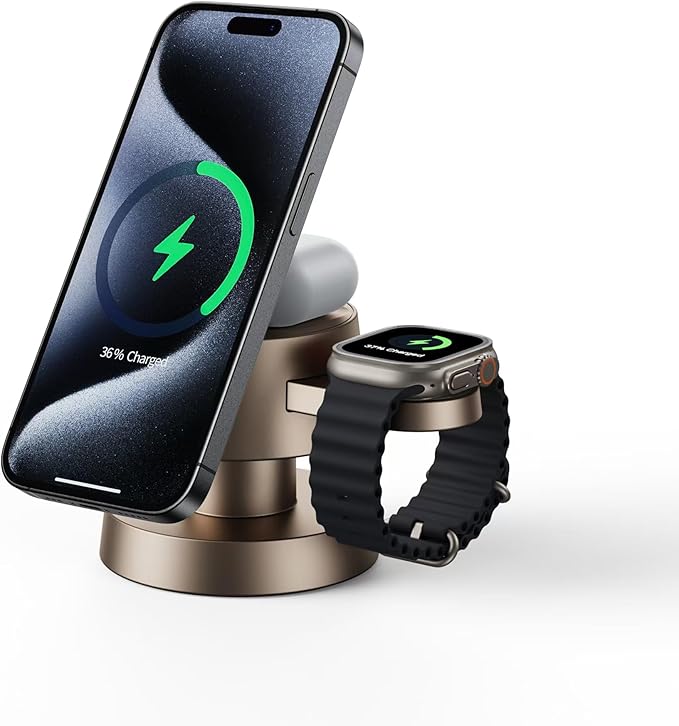 4 in 1 Magnetic Wireless Charging Station,15W Fast Charging with Night Light for MagSafe Charger Stand,3 in 1 Wireless Charger for iPhone 17/16/15/14/13 Pro Max,Apple Watch & AirPods,Sand Gold