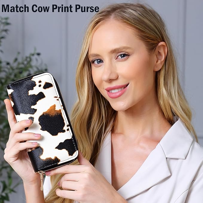 Cow Print Wallet for Women Western Highland Purse Cow Stuff Gifts Double Zipper Ladies Large Capacity Credit Card Holder (Brown Cow)