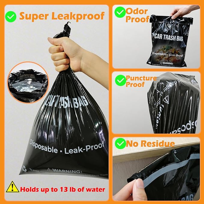 50 Count Recycled Disposable Car Trash Bags - 2.5 Gallon Heavy Duty Alternative to Bulky Car Trash Can & Car Garbage Can, Leakproof Smellproof Hanging & Stick-On Garbage Bag for Car, SUV, Truck