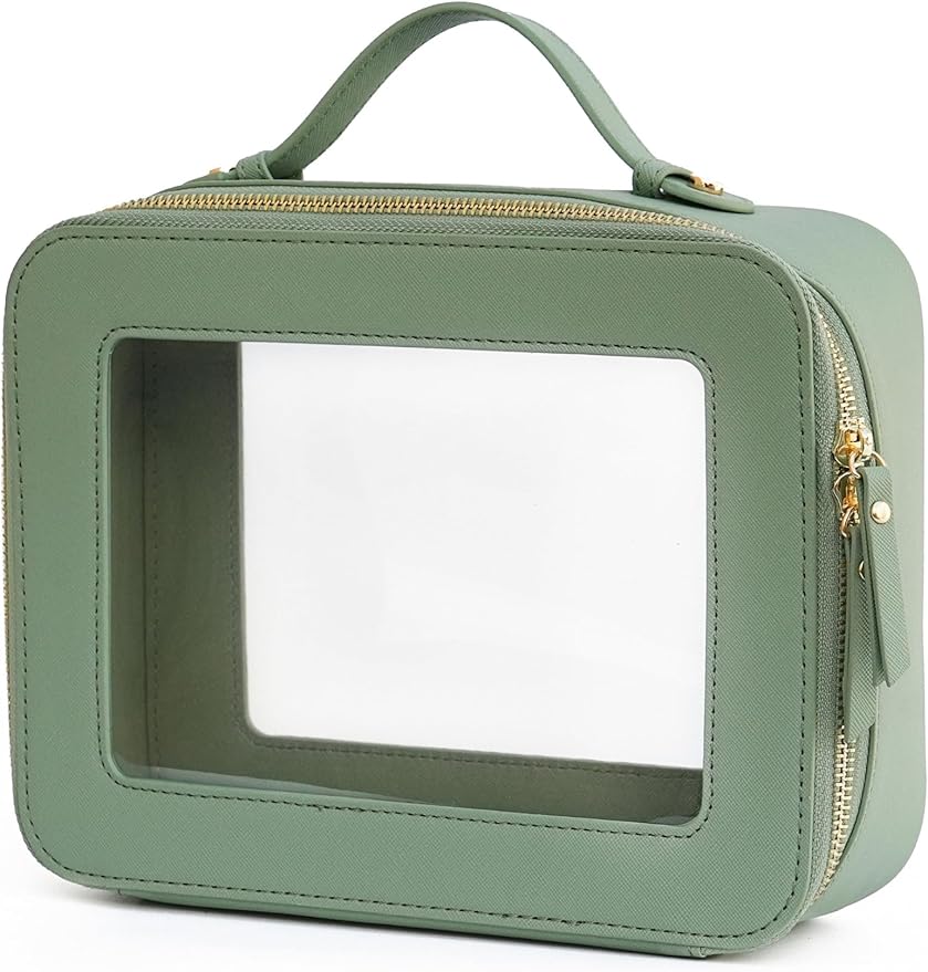 Popvibe Clear Makeup Bag Travel Cosmetic Case Transparent Toiletry Bag with Zipper, Portable Make Up Organizer Traveling Compact Car Bag for Essentials, Sage Green, Large