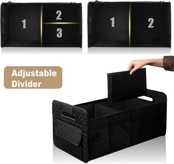 JiatuA Car Trunk Organizer for SUV, Car Storage Organizer Collapsible Multi Compartment Container Box, Adjustable Car Accessories for Women/Men, Large Black