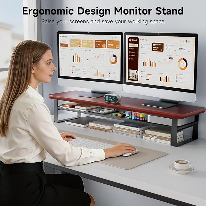 Dual Monitor Stand, 35.4 Inch Monitor Stand Riser for 2 Monitors, 2 Tiers Wood Desk Shelf with Storage, Desktop Organizer Stand for Computer, Laptop, Printer, TV