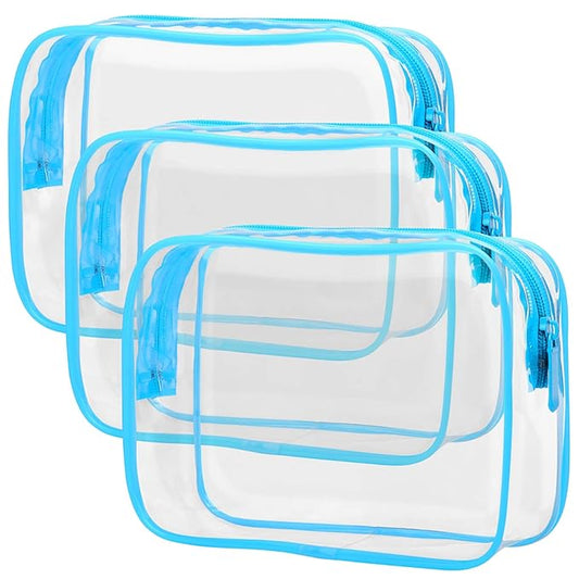 PACKISM Clear Makeup Bag - Waterproof TSA Approved Toiletry Bag Quart Size Bag, Clear Makeup Bags with Zipper, Carry on Airport Airline Compliant Pouch, 3 Pack, Blue