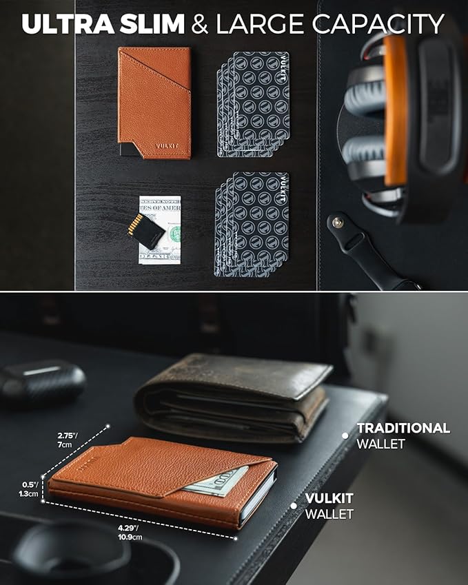 VULKIT Pop up Card Wallet Genuine Leather RFID Blocking Slim Aluminum Metal Bank Card Holder Case with Business Money Pocket for Credit Cards Notes and Coins Brown