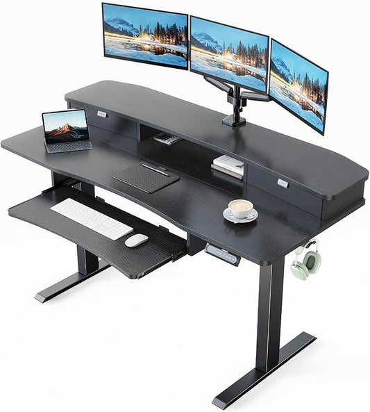 HUANUO 55" x 26" Electric Standing Desk with 2 Drawers & 26.7" Large Keyboard Tray, C-Clamp Mount Compatible, Adjustable Computer Desk for Home Office, Stand Up Desk with 4 Height Presets, Black