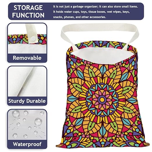 Datura Print Car Trash Bag Portable Waterproof Hanging Garbage Bag with Snap Buttons Back Seat Rubbish Storage Dustbin for Women Man Car Interior Accessories Kitchen Home Travel