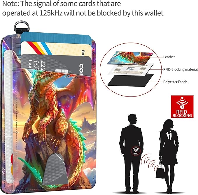 Slim RFID Blocking Card Holder Wallet with Wrist Strap - Minimalist Front Pocket Wallet, Golden Dragon Design, PU Leathe, for Men & Women, Ideal for Travel & Gifts