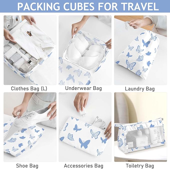 KPX 8 Set Packing Cubes for Travel, Luggage Packing Organizers Accessories Large Toiletries Bag for Clothes Shoes Cosmetics (8Set-Butterfly)
