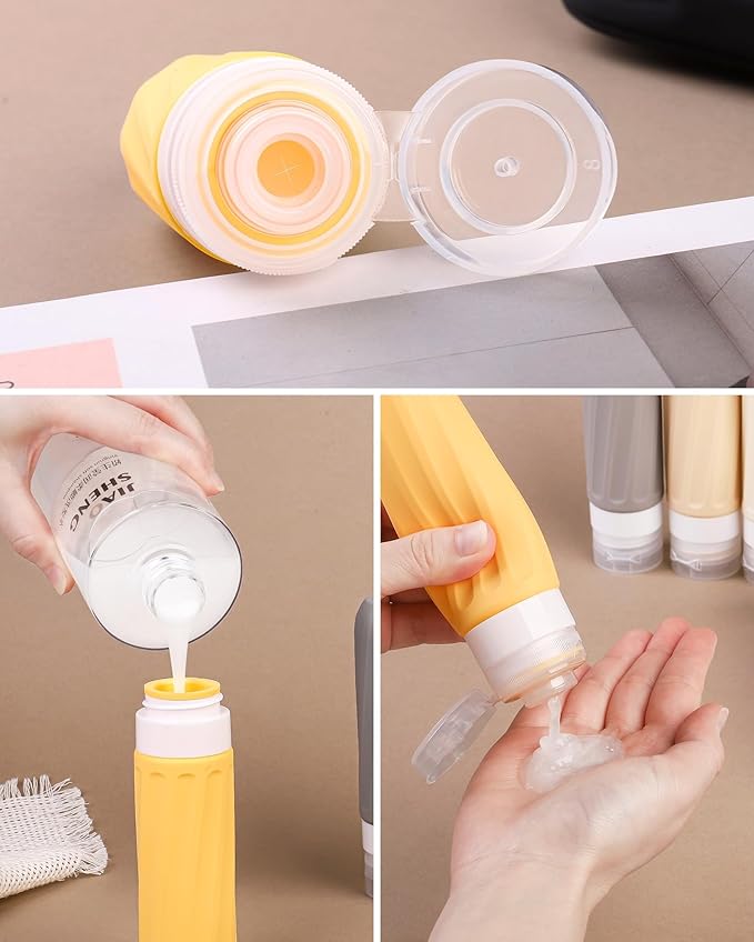 Mrsdry Travel Size Toiletries 8 Pack, TSA Approved 3oz/1oz Silicone Squeezable Creams Jars with Clear Travel Bag