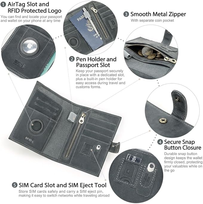 CONTACTS Full Grain Leather Passport Holder with Compatible with Airtag RFID Blocking Passport Wallet Travel Slim Passport Cover with SIM Card Removal Tool (Gray)