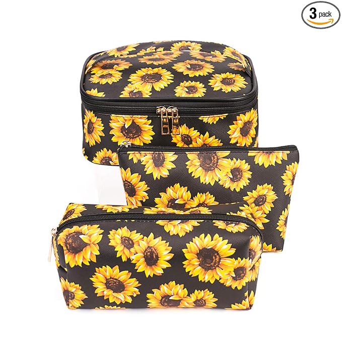 FITINI Sunflower Makeup Bag 3 Pack Travel Toiletry Bag Portable Cosmetic Pouch Organizer with Small Brush Holders Gold Zipper Waterproof Storage Case for Women and Girls