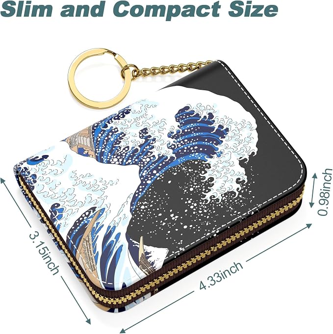 Nipichsha Credit Card Holder, Small RFID Card Wallet for Women, Slim Leather Card Holder Wallet, Credit Card Wallet Organizer, Pocket Business Card Case with Zipper & Keychain, Japanese Wave