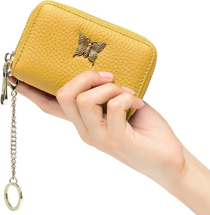 imeetu RFID Credit Card Holder for Women Genuine Leather Card Case Wallet with Zipper and Removable Keychain (Yellow)