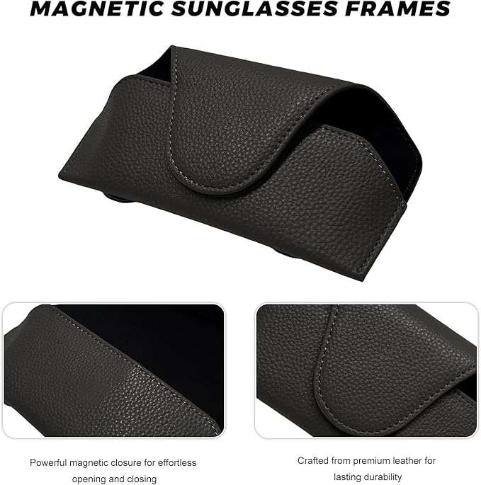 Sunglass Holder for Car Visor, Magnetic Auto Sun Visor Eyeglass Organizer with Dual Back Clips, Leather Glasses Protective Storage Case Universal for Most Vehicles Visors (Black)