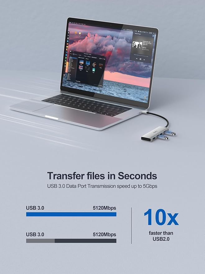 USB 3.0 Hub, 4 Port USB Hub Splitter, USB A Expander Portable USB Adapter Multiport Data Hub for Laptop, iMac Pro, MacBook Air, Mac mini/Pro, Surface Pro, USB Flash Drives, and Mobile HDD-Sliver