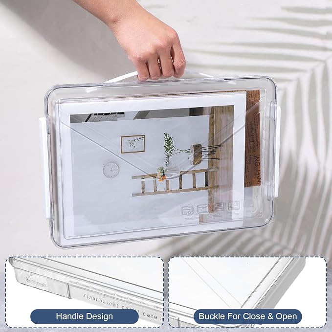 4 Pack Clear Plastic File Boxes with Handle, Modern Style, Stackable, Water Resistant, A4 Letter File, Document, Photo, Scrapbook Storage