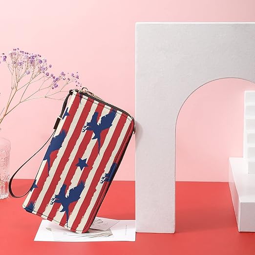 Clutch Wallet Holder for Women Men American Eagle Pattern Colorful Portable Accordion Zipper Credit Card Storage Bag Waterproof Purse Leather Wallet for Travel Work Shopping