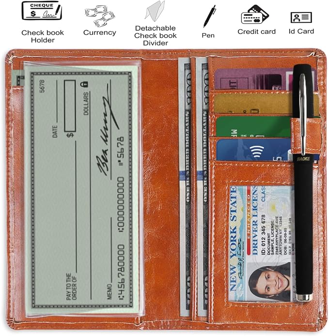 Sanlykate Leather Checkbook Cover for Men and Women, Check Book Case Card Holder with Free Divider, Standard Register Duplicate Checks with pen inserts