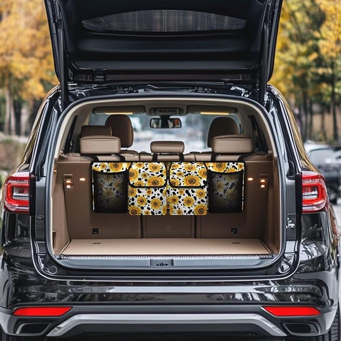 Sunflower Cow Car Trunk Organizer Backseat Cargo Storage Bag with Elastic Net Collapsible Pouch SUV, Truck, MPV Car Accessories