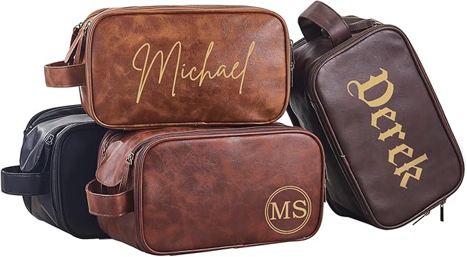 Personalized Leather Toiletry Bag for Men, Large Capacity Toiletry Travel Bag, PU Leather Waterproof Shaving Bag, Travel Essentials Customized Gifts for Husband, Groomsmen, Father's Day (Style 5)