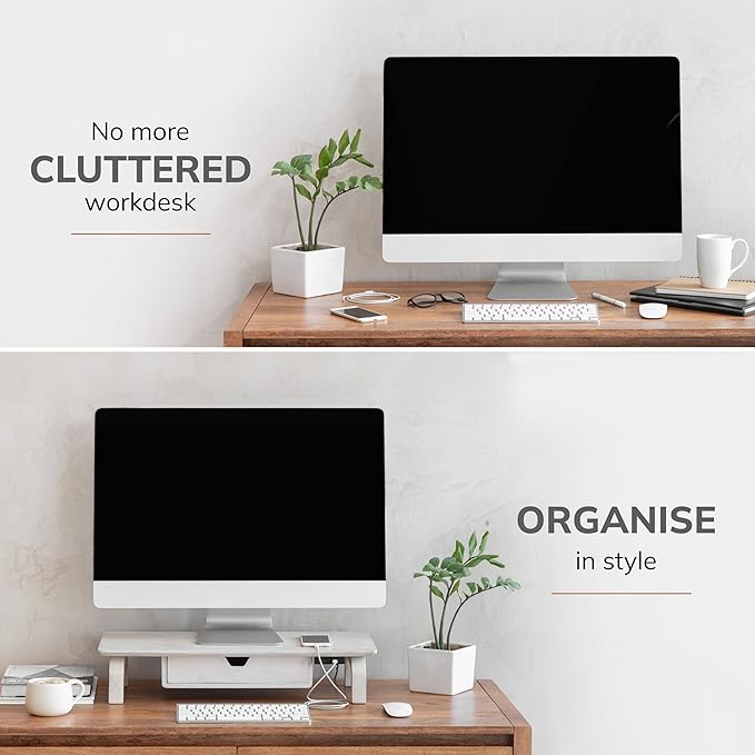 Anji Mountain Monitor Stand - Desktop Organizer & Laptop Riser, Ergonomic Monitor Riser, Space-Saving Monitor Stand for Desk, Durable Construction, Easy Assembly, Ideal for Home & Office,White Wash