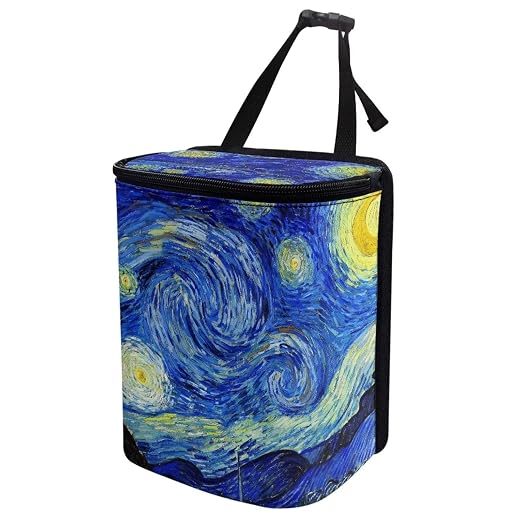 Van Gogh Starry Sky Car Trash Can Car Interior Accessories Organizer Garbage Bag Dustbin Container with Lid Waste Basket Storage Pockets Hanging Vehicle Trash Bin