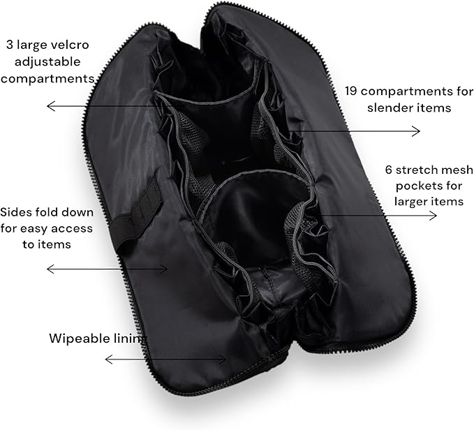 THE VERTI-Vertical Waterproof Makeup & Toiletry Bag | 23-Pocket Organizer with Upright, Fold-Down Design for Skincare, Toiletries & Essentials (Onyx, Medium)