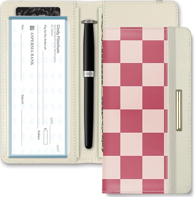 Printed Checkbook Cover, RFID Blocking Checkbook, Stylish, Lightweight, Slim Durable, Multi-Functional Checkbook Holder for Personal and Business Checks (Plaid-Pink)