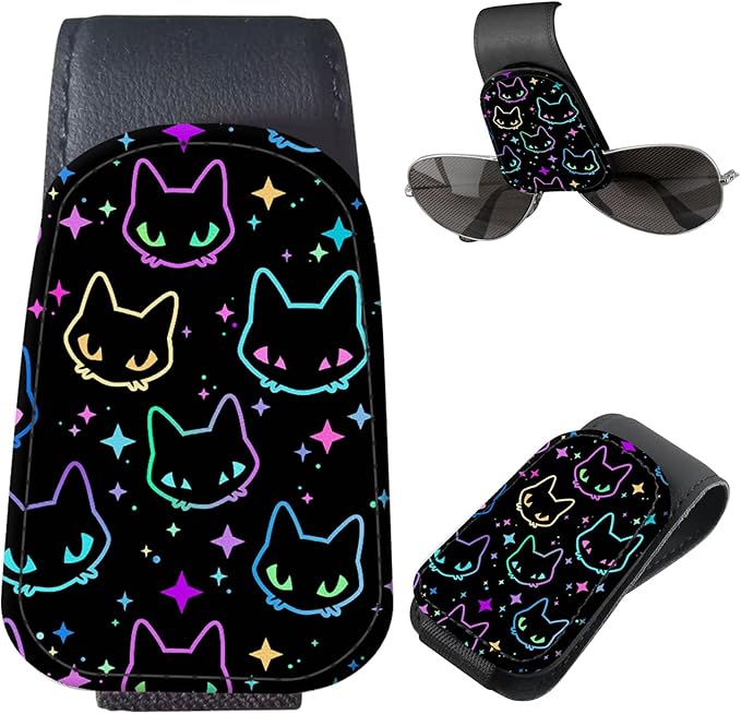 Sunglasses Holder for Car Visor, PU Leather Glasses Clip Organizer, Cute Magnetic Eyeglass Holder for Vehicle Sun Visor, Car Interior Accessory for Women & Men Neon Outline Cat