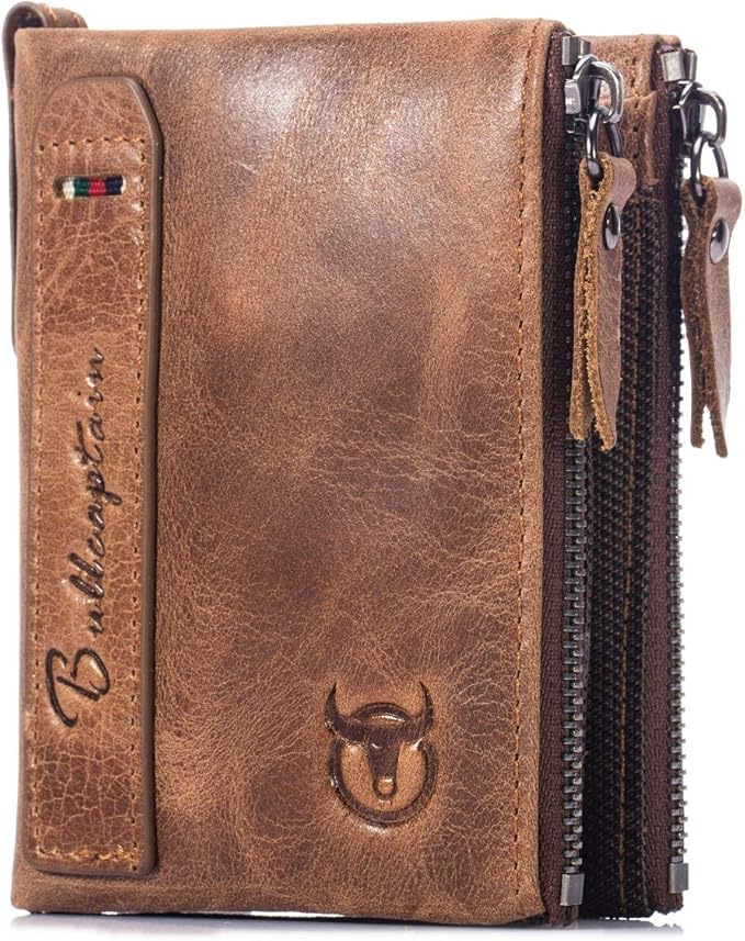 BULLCAPTAIN Genuine Leather Wallet for Men Vintage Bifold with Double Zipper Pockets (Brown)