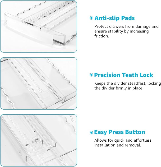 4 Pack 4" High Drawer Dividers for Clothes, 10.2"-16.5" Expandable Dresser Drawer Organizers, Adjustable Plastic Clear Drawer Separators for Kitchen, Baby Clothing, Socks, Underwear, Bedroom