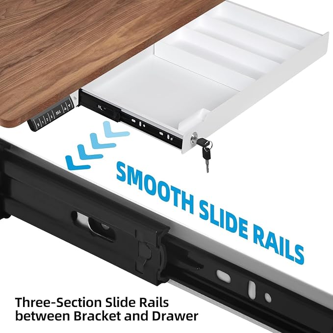 Under Desk Drawer Storage with Lock, Metal Undermount Table Drawer, Ball Bearing Slides Out Tray Organizer for Paper, Pencil, and Laptop 24"x10.3"x2.1", White with Divider