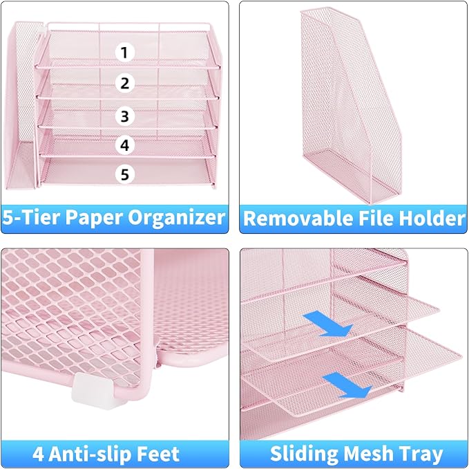OPNICE Desk Organizer, 5-Tier Paper Organizer Letter Tray with Magazine Holder, Office Desk Accessories & Workspace Organizers, Desktop File Organizer for Office Supplies Storage, Pink
